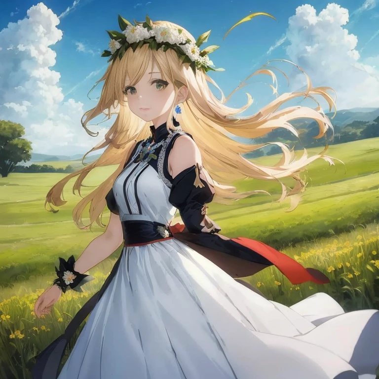 Anime girl in a white dress with a crown of flowers on her head, cushart krenz key art feminine, Cute anime waifu in a nice dress, loli in dress, Beautiful maiden, anime goddess, guweiz on pixiv artstation, epic light novel art cover, Detailed key anime art, blonde anime girl with long hair, High resolution in the field