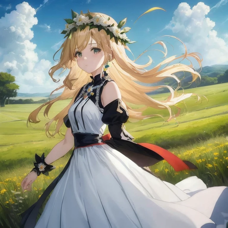 Anime girl in a white dress with a crown of flowers on her head, cushart krenz key art feminine, Cute anime waifu in a nice dress, loli in dress, Beautiful maiden, anime goddess, guweiz on pixiv artstation, epic light novel art cover, Detailed key anime art, blonde anime girl with long hair, High resolution in the field