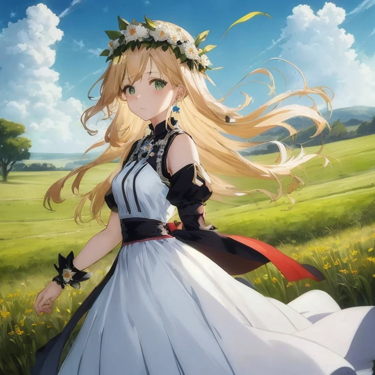 Anime girl in a white dress with a crown of flowers on her head, cushart krenz key art feminine, Cute anime waifu in a nice dress, loli in dress, Beautiful maiden, anime goddess, guweiz on pixiv artstation, epic light novel art cover, Detailed key anime art, blonde anime girl with long hair, High resolution in the field