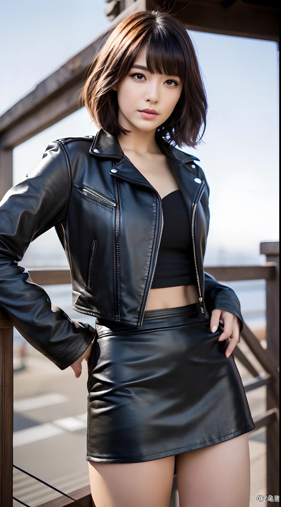 Best Quality, 8k, 32k, Masterpiece, UHD: 1.3), Attractive Japan Woman Pictures, One Girl, (full body : 1.0), Abs, Perfect Body, (leather jacket:1.0),(skirt:1.1),(boots:1.0),Ultra Detailed Face, Detailed Lips, Fine Eyes, Double Eyelids,short hair,Disheveled Hair,