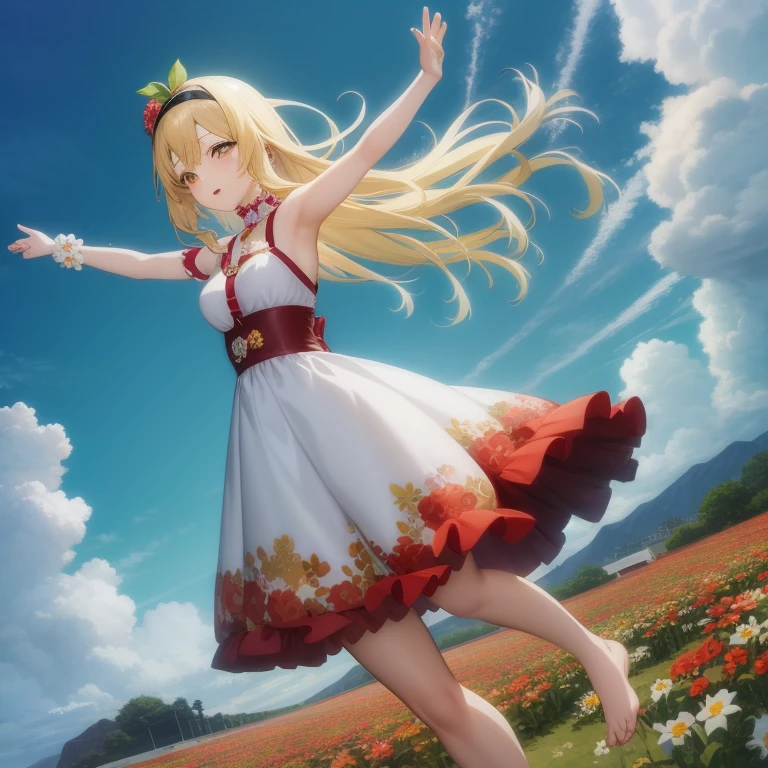 Anime girl in a flower garden with open arms, **** in dress, cushart krenz key art feminine, official artwork, girl dancing in a flower field, Rin, splash art anime ****, Cute anime waifu in a nice dress, Official art, official anime artwork, Detailed key anime art, Smooth Anime CG Art, art promotional