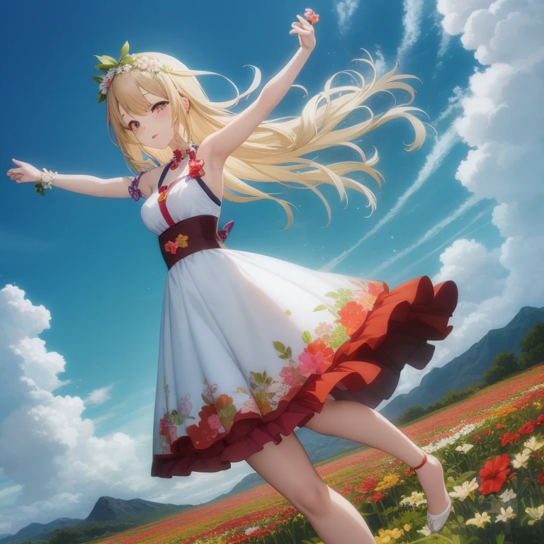 Anime girl in a flower garden with open arms, in dress, cushart krenz key art feminine, official artwork, girl dancing in a flower field, Rin, splash art anime lolite anime waifu in a nice dress, Official art, official anime artwork, Detailed key anime art, Smooth Anime CG Art, art promotional