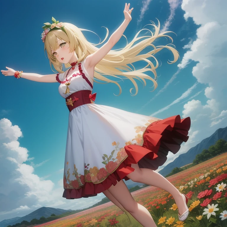 Anime girl in a flower garden with open arms, in dress, cushart krenz key art feminine, official artwork, girl dancing in a flower field, Rin, splash art anime lolite anime waifu in a nice dress, Official art, official anime artwork, Detailed key anime art, Smooth Anime CG Art, art promotional