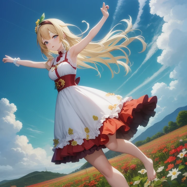 Anime girl in a flower garden with open arms, in dress, cushart krenz key art feminine, official artwork, girl dancing in a flower field, Rin, splash art anime lolite anime waifu in a nice dress, Official art, official anime artwork, Detailed key anime art, Smooth Anime CG Art, art promotional