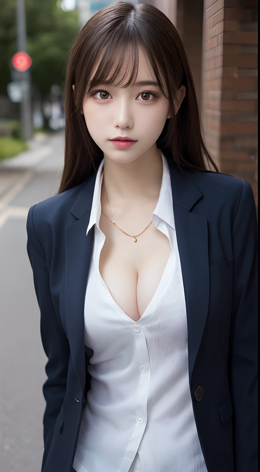 masutepiece, Best Quality, Illustration, Ultra-detailed, finely detail, hight resolution, 8K Wallpaper, Perfect dynamic composition, Beautiful detailed eyes,  Natural Lip,Blazer ,School uniform, cleavage, Full body