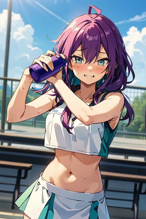 long hair, mole under mouth, purple hair, single braid, hair between eyes, aqua eyes, sharp teeth, ahoge, blush, smile, cowboy shot, outfit-bremerton,hand to mouth,1girl, solo, long hair, navel, blush, looking at viewer, breasts, bottle, sports bra, sweat, holding, midriff, sky, water bottle, towel