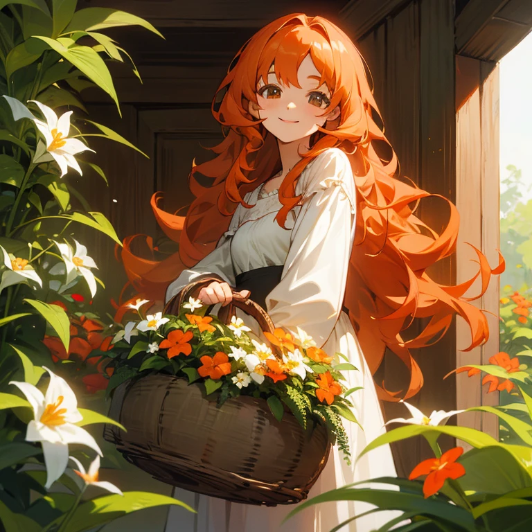 long curly orange-hair woman、houseplants、A delightful, floral cottage dress, hazel eyes, warm smile, basket of flowers