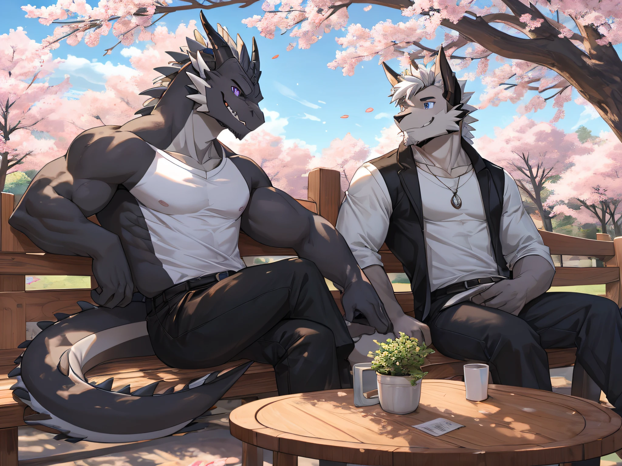 (Best Quality), Duo, 1Male, (Furry Gray Dragon), Blue Eyes, White Medium Hair, Casual Clothes Set, Strong Fit Body, Good Looking, 1Male, (Furry Black Dragon), Purple Eyes, Gray Medium Hair, Gray Facial Hair, Casual Clothes Set, Good Looking, Strong Fit Body, ((Gray Dragon Sitting With Black Dragon)), Sitting near Sakura Trees, Sakura Leaf Falling, Smiling, Teeth, Comfortable, Joy Expression, Morning, Park Background