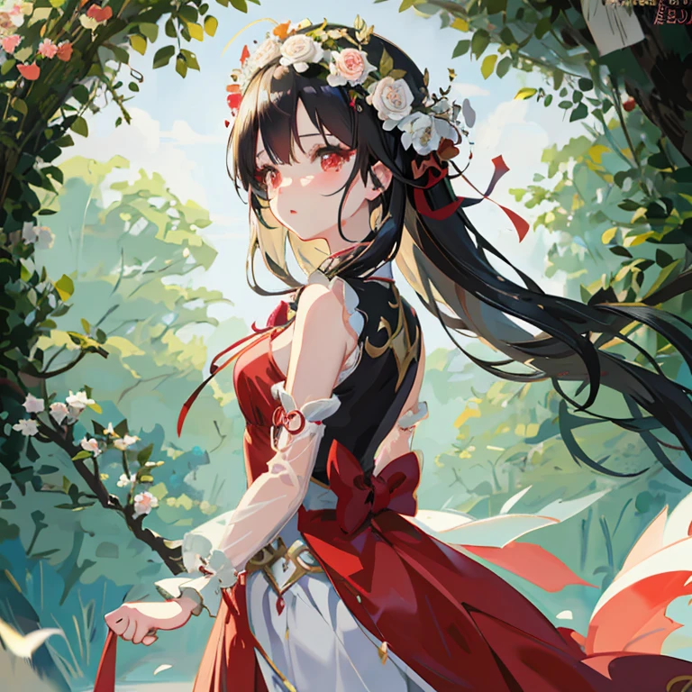 Anime girl in red and white dress with flower crown, Cute anime waifu in a nice dress, Beautiful anime girl, Beautiful Anime Portrait,  in dress, anime style 4 k, guweiz on pixiv artstation, pretty anime girl, beautiful anime woman, Beautiful anime, guweiz, Anime art wallpaper 8k, anime moe art style