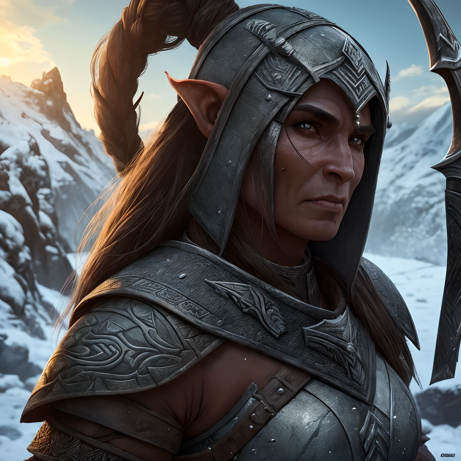 Obra prima melhor qualidade, A Female Orc Warrior, loiro, pele branca, olhos azuis, usando armadura, usando capa de couro, On a beautiful winter's morning, intrincado extremamente detalhado, 8k, ultra realista