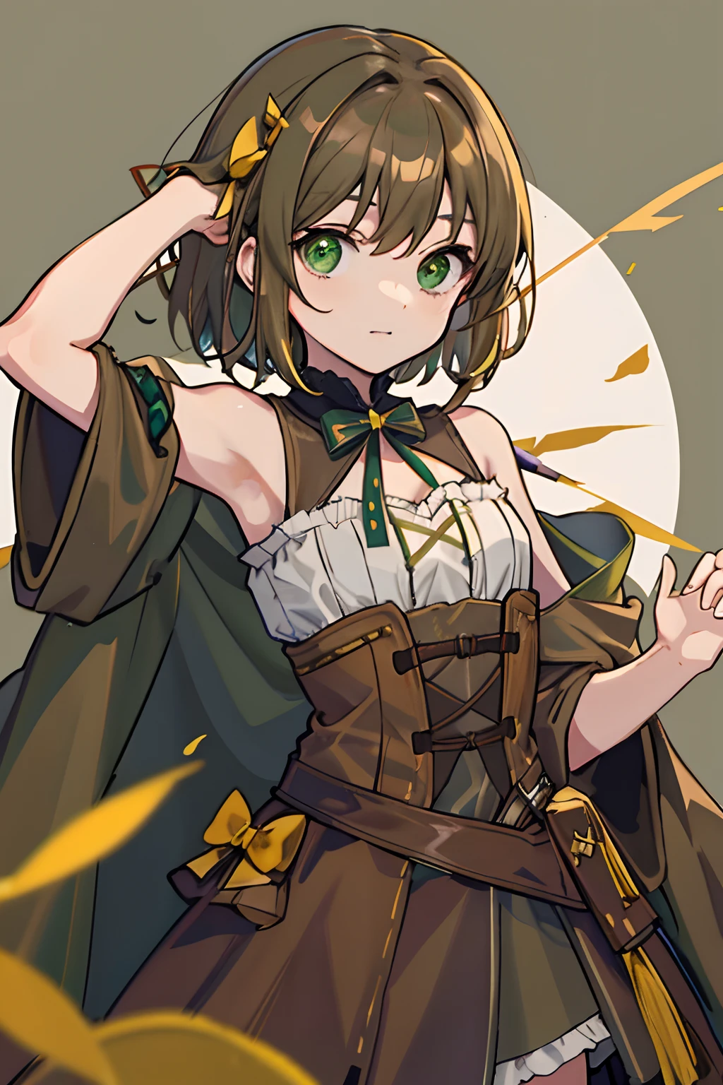 Short brown shoulder-length hair，Green eyes，，Reckless hapless cute girl，medieval times，，Brown clothing，is shy，Yellow bow hairpin，laughingly