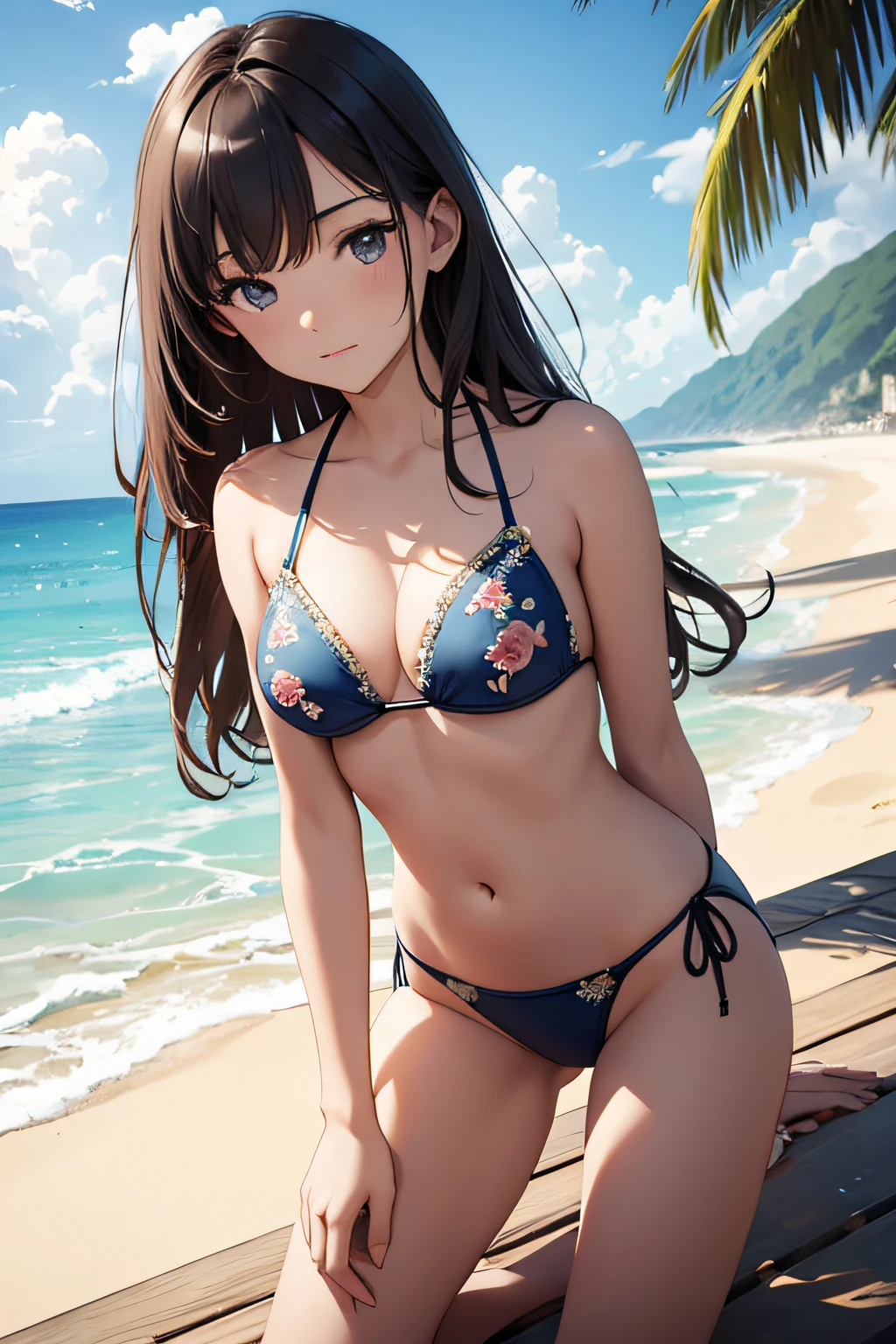 ​masterpiece、Background with（（sea side、sand beach））、15yo student、a beauty girl、Detailed embroidery on the bikini、 all-fours、Watching from below
