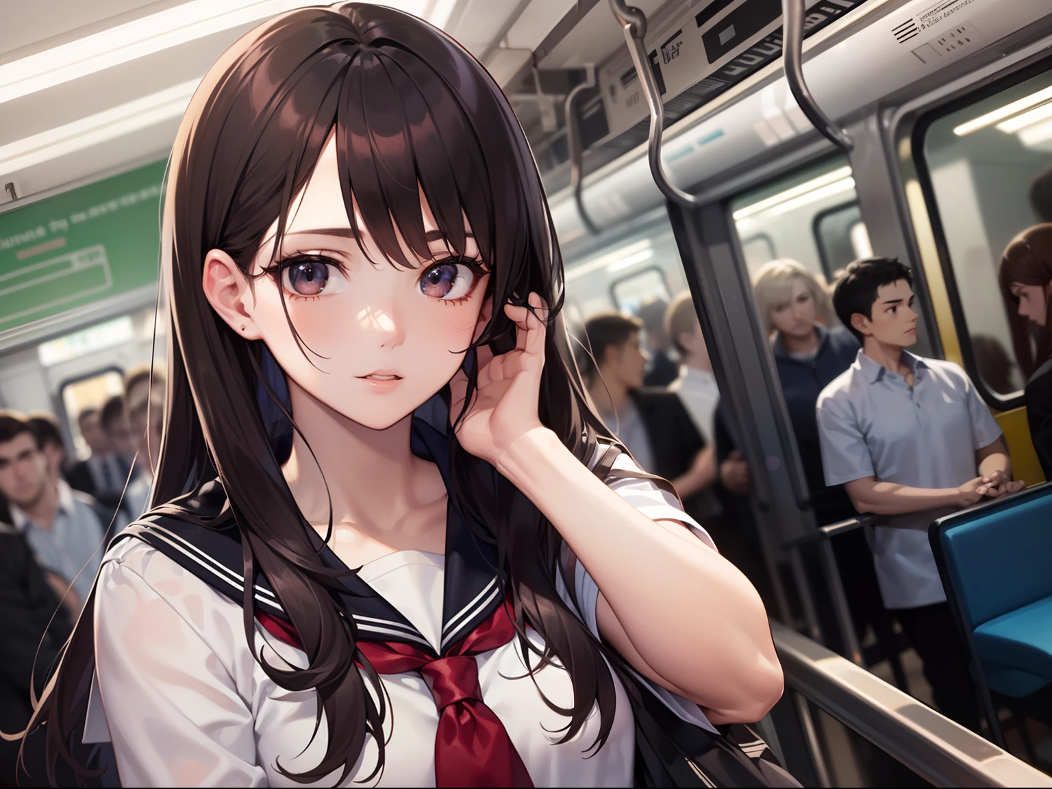 (Best Quality)), (Masterpiece), (Sharpness),32k, (Best Quality Depiction), (Best Quality), Art, Dense and Detailed CG, Densely Detailed Human Body, Perfect Lighting, (Perfect ???????), (Full Body Depiction Without Breakdown), Golden Ratio, Perfect Woman, ((Slender 18-year-old schoolgirl)), (Beautiful face with detailed and detailed face,Eyes), (Beautiful skin with lustrous density and detail), ( Cuticle Hair,Straight,Long,Black Hair), Sailor Suit, (In a crowded train: 1.9, Standing passengers: 1.6)