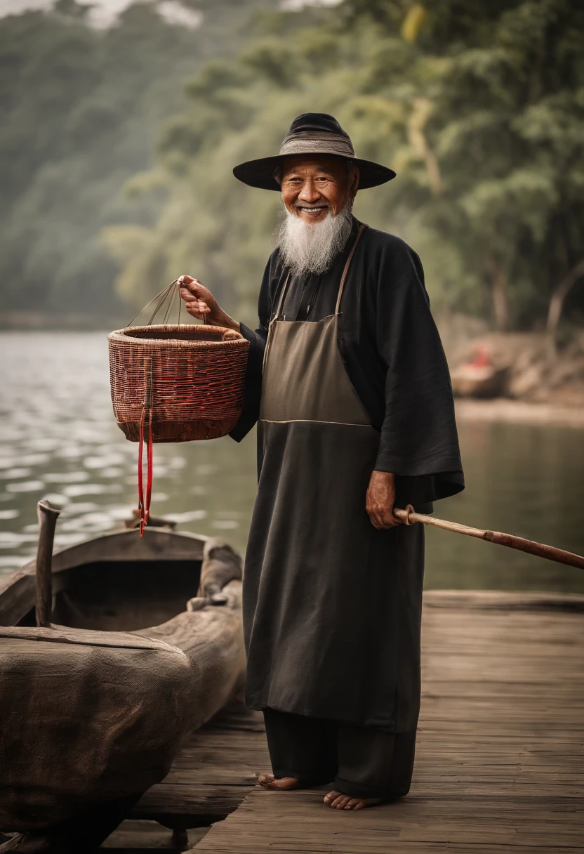 China-style,(ssmile),A bountiful catch,1 Old fisherman,With a cloak,Portrait works,Photographic works,Ultimate detail,Reasonable composition,tmasterpiece,high-class,clean backdrop,figure portrait,8K,Movie light source,high qulity,