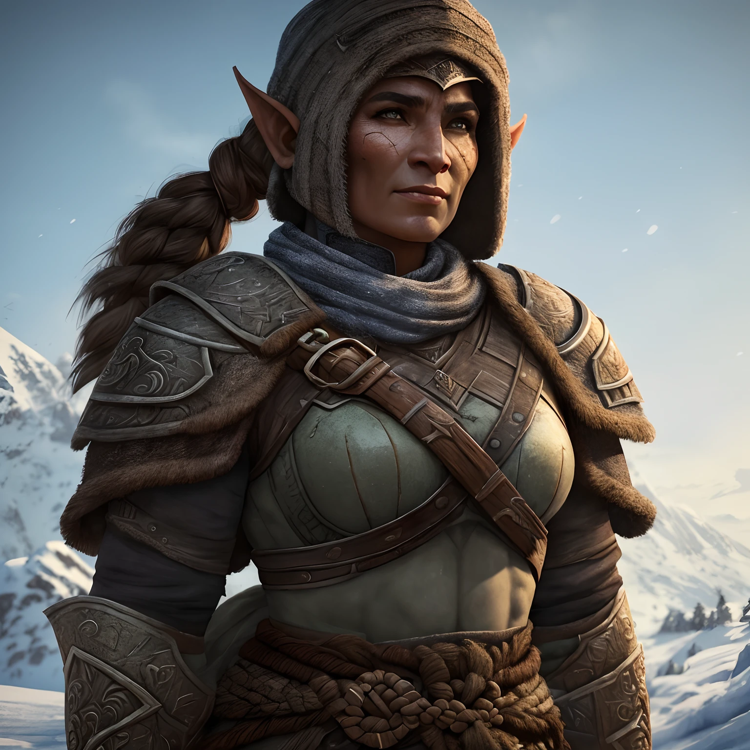 Obra prima melhor qualidade, A Female Orc Warrior, loiro, pele branca, olhos azuis, usando armadura, usando capa de couro, On a beautiful winter's morning, intrincado extremamente detalhado, 8k, ultra realista