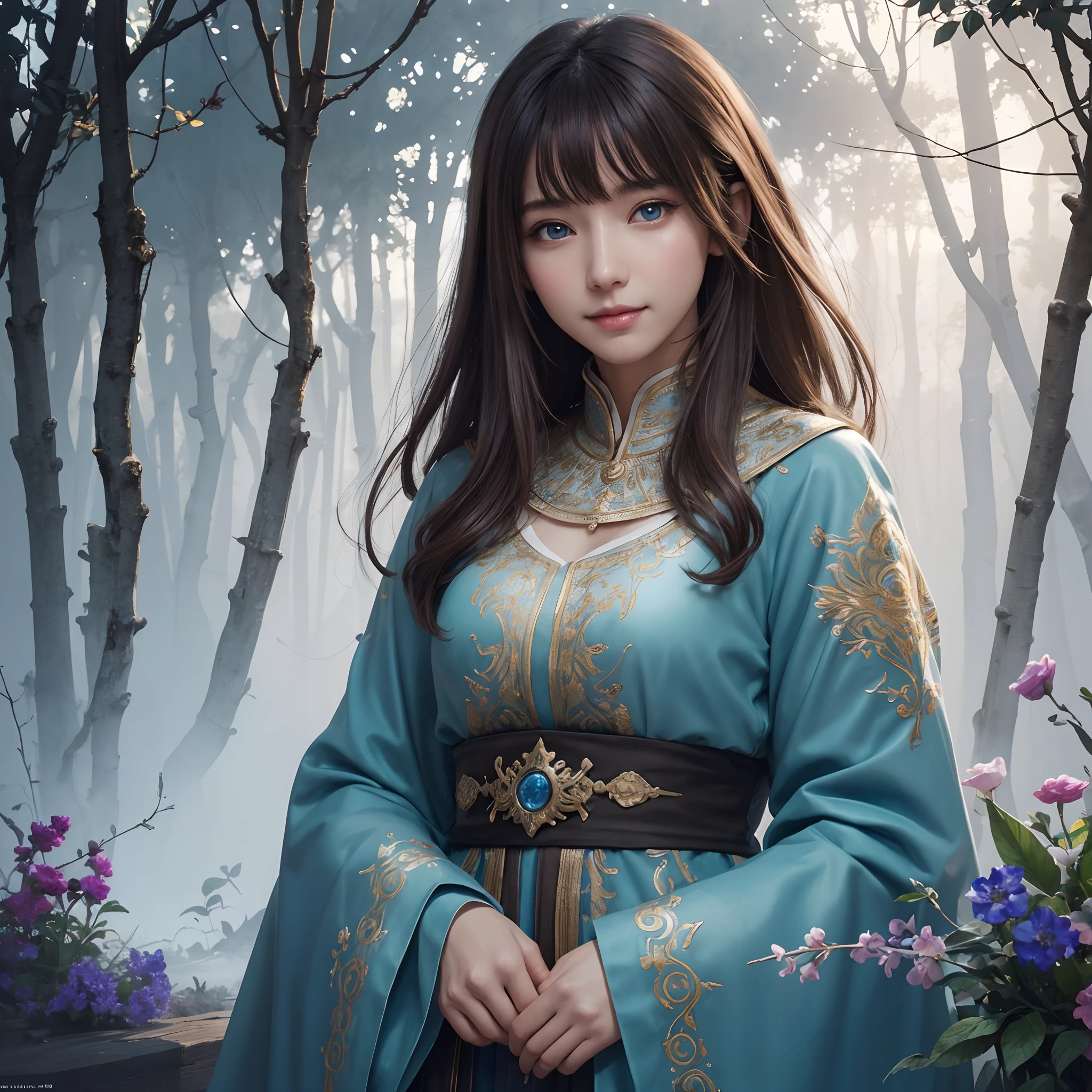 hightquality、in 8K、Ulutra HD、fullllbody、1 16-year-old female、Gentle smile、Rich facial expressions、beauty legs、robe blanche、light brown hair、Blue eyes、(Lovely healing forest and wildflowers in the background々)、Soft light、cute little、Beautiful fece、portlate、art by:Alberto Seveso、Abstract art style、Complex and intricate watercolor painting 、digitial painting、concept-art、Volumetric lighting、TanvirTamim、metal reflective、2d render、Altgerm、Trending on ArtStation
