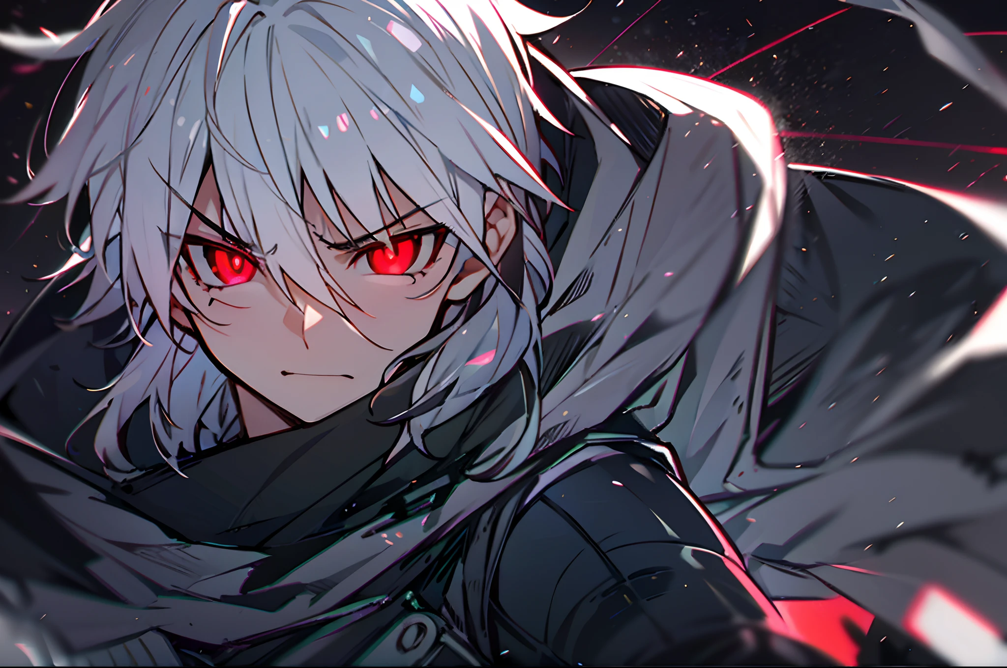 hight resolution,close range、Anime boy with white hair and red eyes staring at camera, Glowing red eyes,slim, dressed in a black outfit,Shadow Body,monochromes,hair messy,get angry、Diagonal angle、closes mouth