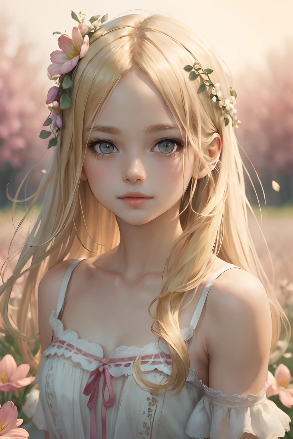 ((masterpiece,best quality)),  
Innocent-looking girl, blond hair, flowers in her hair, upper body, small chest, extremely detailed face, facing camera
| bokeh, depth of field, cinematic composition,