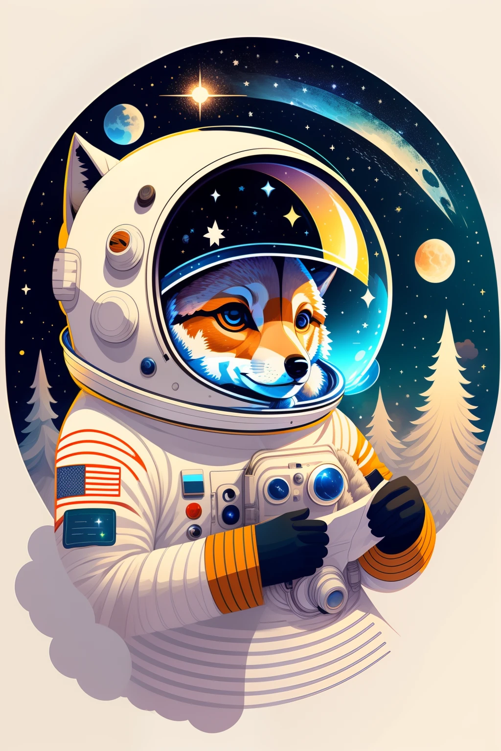 Illustration de loups astronaute, espace, Fiction scientifique, Personnage mignon, Fond clair, Fond d’éclaboussures abstraites, Conception de t-shirt, Art vectoriel