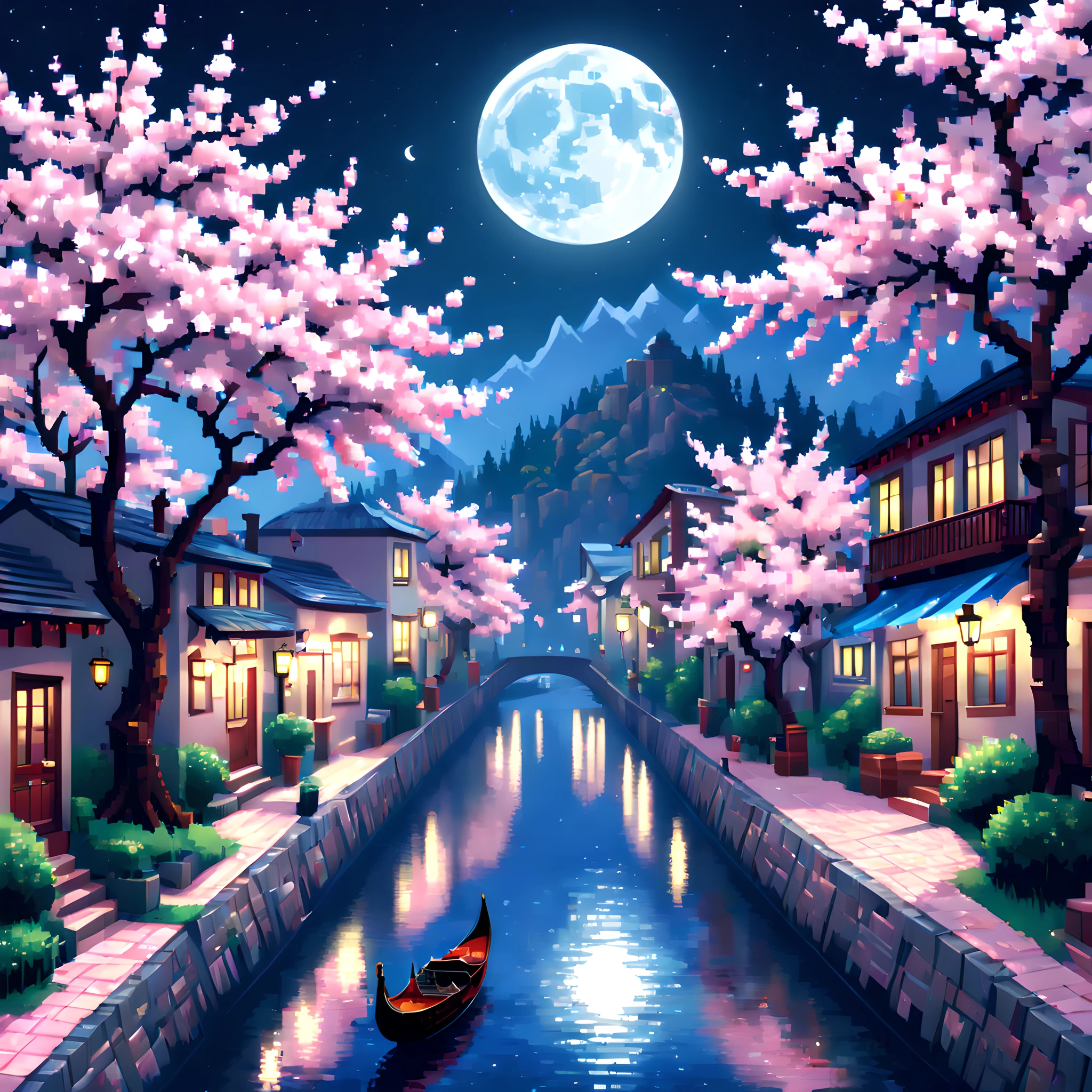 (Cherry blossom And Street:1.5),(landscape:1.5), (Pixel art:1.5), (pixel theme:1.5), (fantasy:1.5), (beautiful scenery:1.5),(landscapes:1.5),(cherry blossom trees:1.5),(ropeway:1.5),(gondola:1.5),(spring:1.5),(street:1.5),(beautiful scenery pixel art illustration:1.5),(night:1.5),(moonlight:1.5),(best quality:1.5),(masterpiece:1.5),