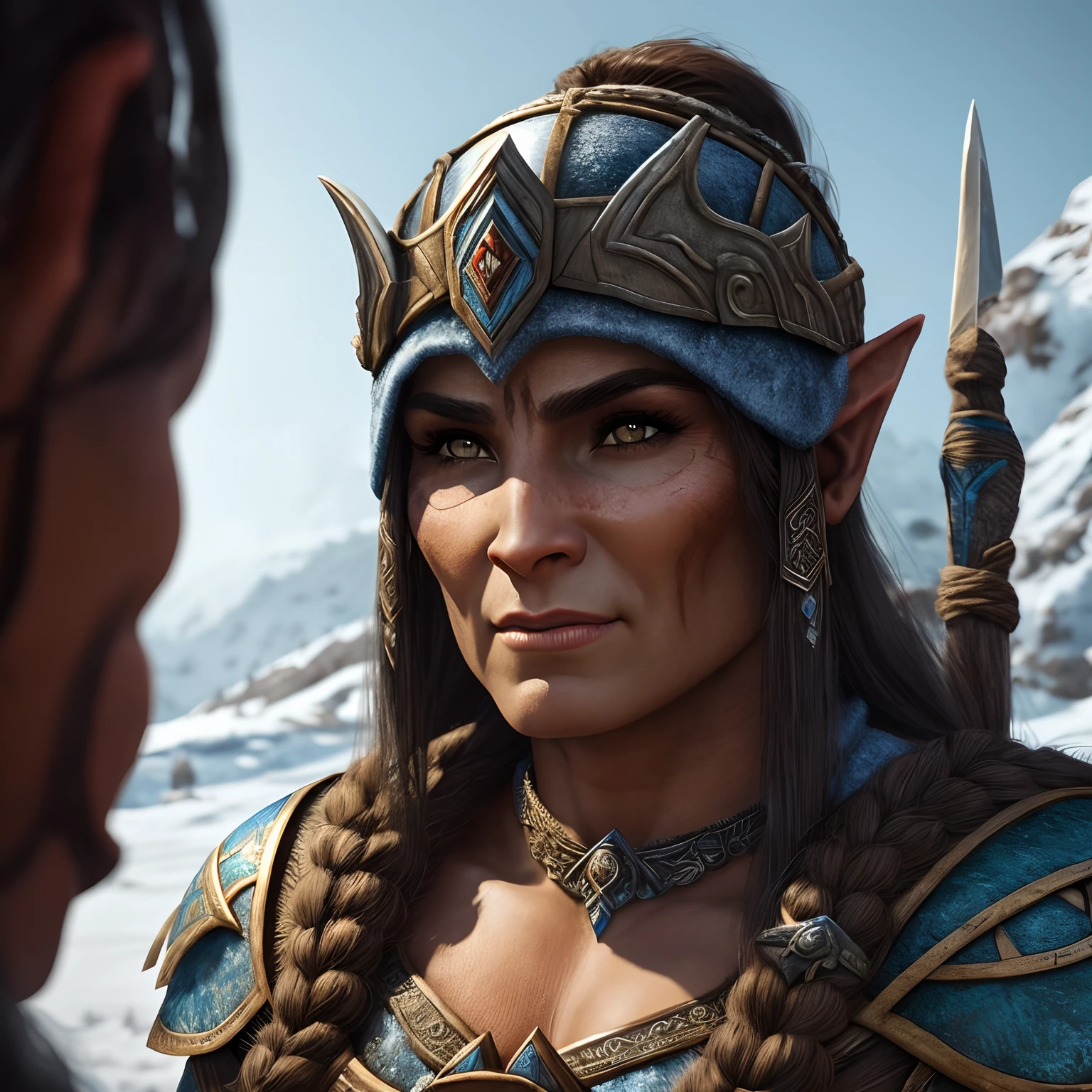 Obra prima melhor qualidade, A Female Orc Warrior, loira, pele branca, olhos azuis, usando capa de couro, On a beautiful winter's morning, intrincado extremamente detalhado, 8k, ultra realista