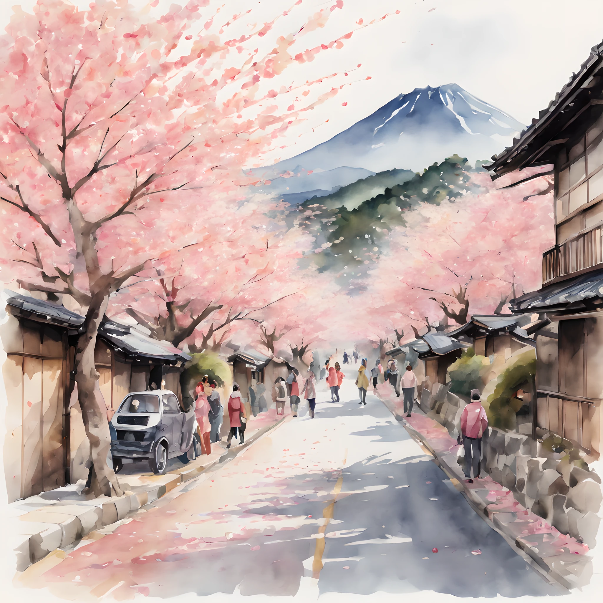 (Cherry blossom And Street:1.5), (ink and watercolor painting:1.5), (Tasteful:1.5), (ink and watercolor painting:1.5), (full color:1.5), 8k, 4k, (landscapes:1.5),(cherry blossom trees:1.5),(wind:1.5),(flying cherry blossom petals:1.5),(cherry blossom street:1.5),(mountain road:1.5),(kyoto:1.5),(lots of people on street:1.5),(pink theme:1.5),(Burning Yuru:1.5),