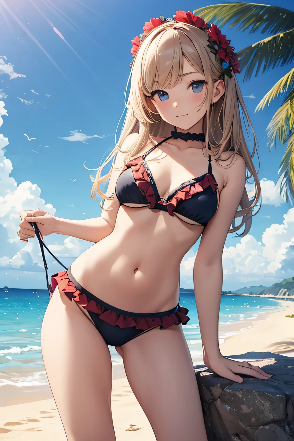 masterpiece、Background with((sea side、sand beach))、15yo student、a beauty girl、Detailed embroidery on the bikini、 with frills、all-fours、Looking from bottom to top