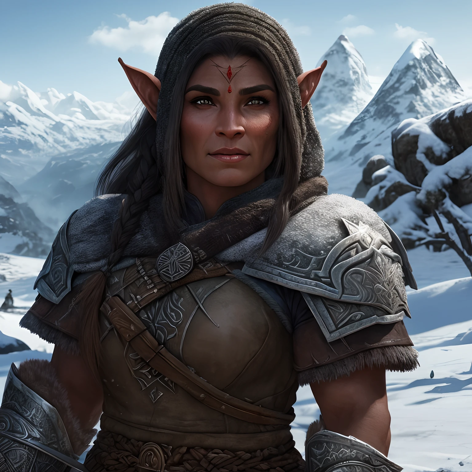 Obra prima melhor qualidade, A Female Orc Warrior, loira, pele branca, olhos azuis, usando capa de couro, On a beautiful winter's morning, intrincado extremamente detalhado, 8k, ultra realista