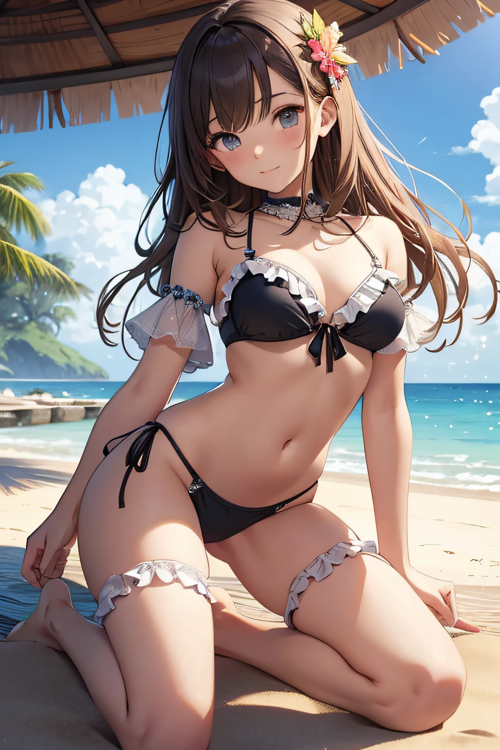 ​masterpiece、Background with（（sea side、sand beach））、15yo student、a beauty girl、Detailed embroidery on the bikini、 with frills、all-fours、Looking from bottom to top