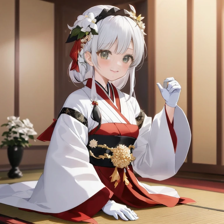 Anime girl in kimono costume sitting on the floor with flowers in her hand, white haired god, Cute anime waifu in a nice dress, Anime visuals of cute girls, from the azur lane videogame, best anime 4k konachan wallpaper, Ayaka Genshin Impact, young anime girl, from girls frontline, azur lane style, a female anime character