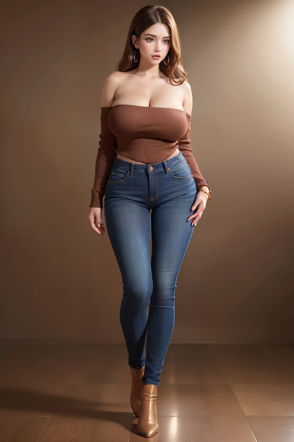 ((masterpiece, best quality, ultra-detailed, ultra-HD, photorealistic, cinematic)), ((alluring female model)), perfect body, voluptuous body, perfect anatomy, perfect face, perfect hands, large cleavage, round ass, long round legs, (elegantly tousled, shoulder-length waves with a side part, framing her face effortlessly), (captivating blend of rich chestnut brown hair with subtle caramel highlights), (gradient background:1.4), (wide shot, full body view:1.5), (adorned in a chic, off-the-shoulder burgundy sweater), (wearing fitted jeans boast a deep indigo hue:1.3), (stylish ankle boots featuring a subtle heel), (wearing silver hoop earrings and a delicate bracelet), (standing, sensual pose)