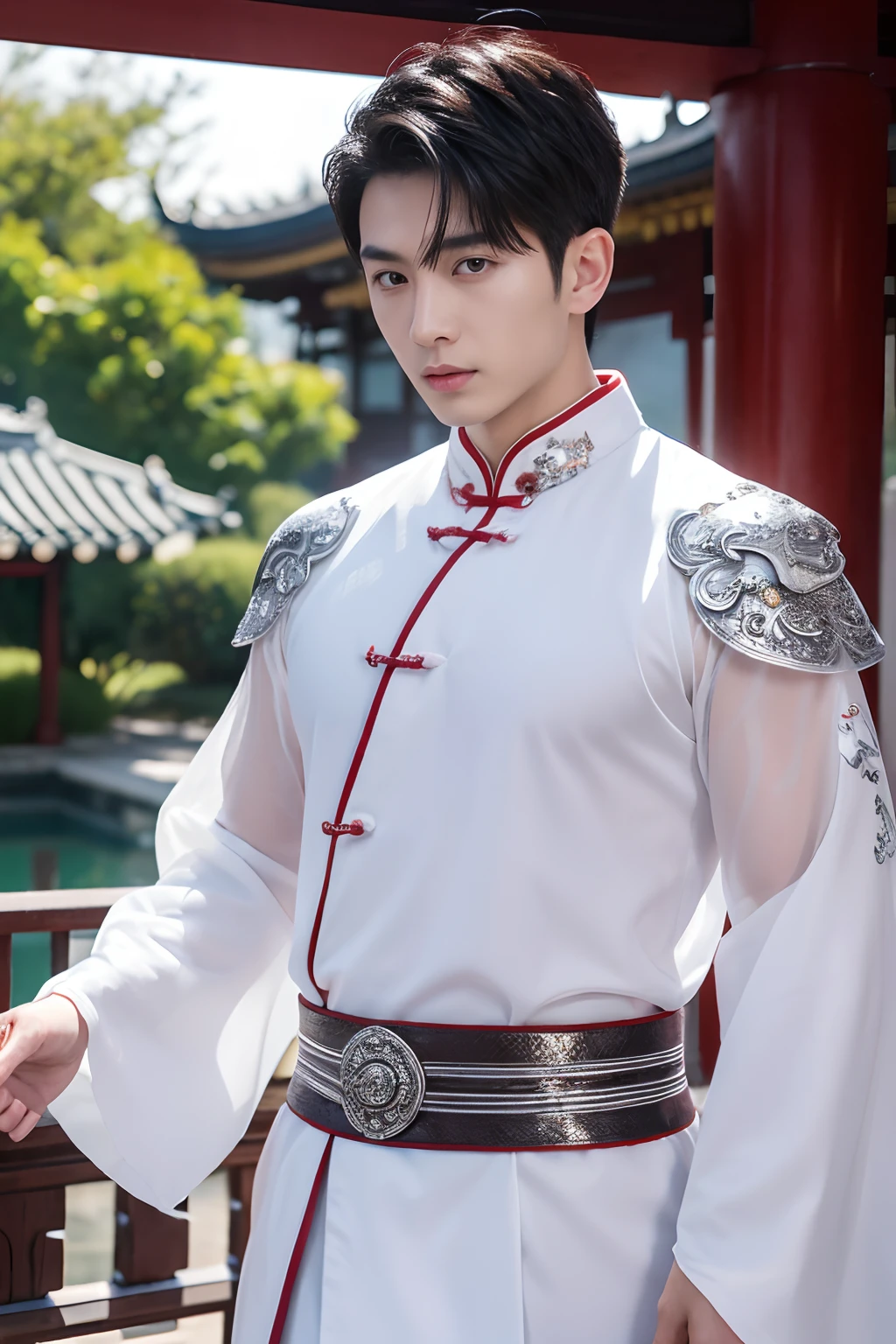 Handsome guy, 25 years old, Asian, master work, best picture quality, higher quality, high detail, super high resolution, 8k resolution, perfect eyes, perfect skin, perfect hands, big muscles, tattoos, glowing eyes, short hair, hair details, detailed background , open Hanfu transparent tulle jacket, ((white clothes with silver decoration)), Chinese garden background, Chinese kung fu, dragon-themed costumes, monk robes, spinning floating particles, chinese temple in background, looking at viewer