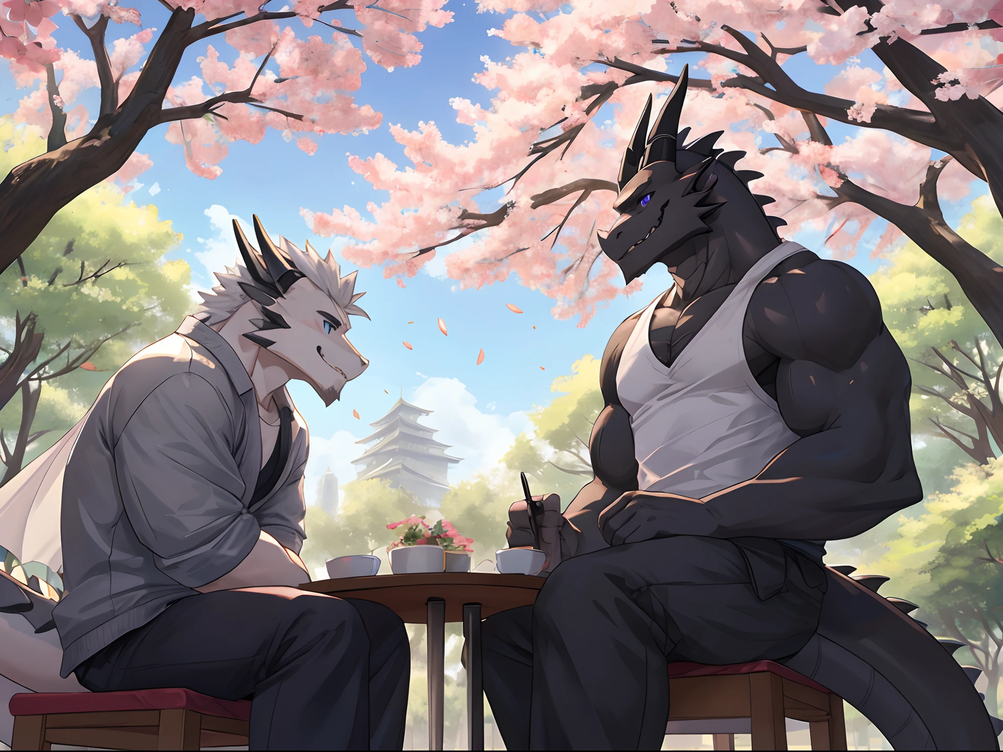 (Best Quality), Duo, 1Male, (Furry Gray Dragon), Blue Eyes, White Medium Hair, Casual Clothes Set, Strong Fit Body, Good Looking, 1Male, (Furry Black Dragon), Purple Eyes, Gray Medium Hair, Gray Facial Hair, Casual Clothes Set, Good Looking, Strong Fit Body, ((Gray Dragon Sitting With Black Dragon)), Sitting near Sakura Trees, Sakura Leaf Falling, Smiling, Teeth, Comfortable, Joy Expression, Morning, Park Background