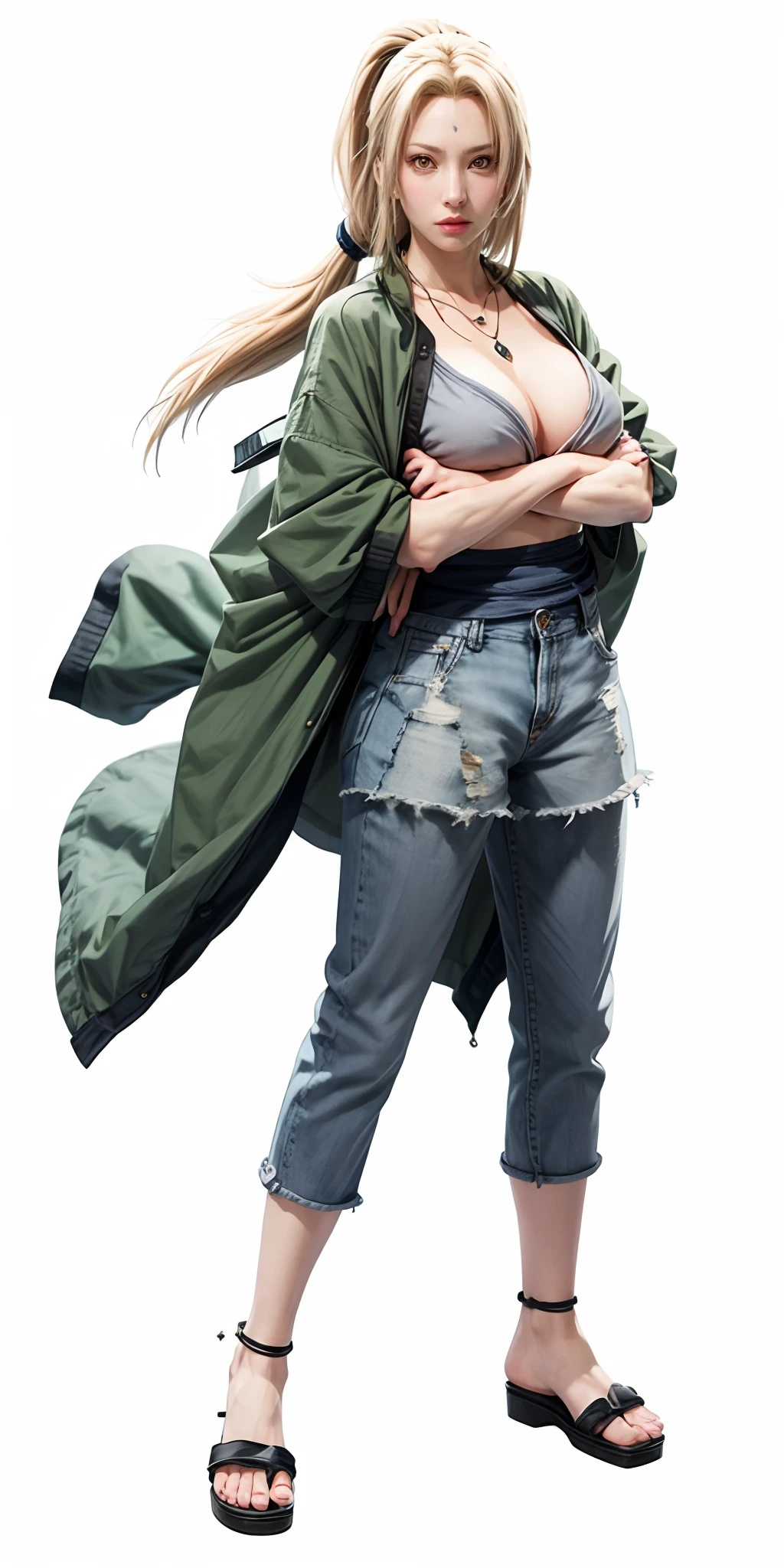 realistic, 1girls, Tsunade, best quality, 12k, HD, long hair, big round breasts, cleavage, ponytail, necklace, jewelry, shorts, slim hips, hair band, yellow eyes, yellow hair, super detailed, Eye details , hair details, person details, mouth details, face details, breast details, clothes details, hair details, pants details, hand details, whole body