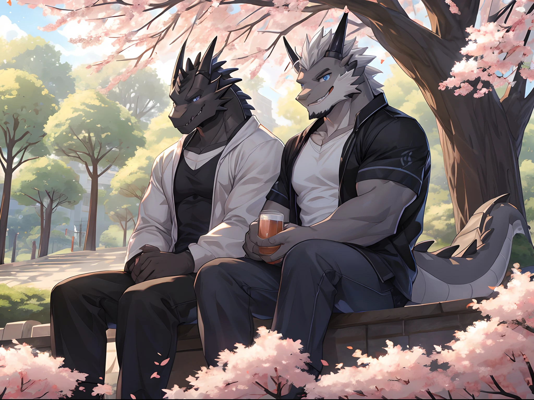 (Best Quality), Duo, 1Male, (Furry Gray Dragon), Blue Eyes, White Medium Hair, Casual Clothes Set, Strong Fit Body, Good Looking, 1Male, (Furry Black Dragon), Purple Eyes, Gray Medium Hair, Gray Facial Hair, Casual Clothes Set, Good Looking, Strong Fit Body, ((Gray Dragon Sitting With Black Dragon)), Sitting near Sakura Trees, Sakura Leaf Falling, Smiling, Teeth, Comfortable, Joy Expression, Morning, Park Background