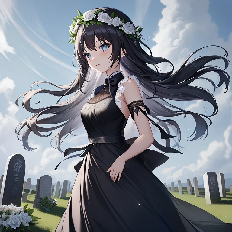 Anime girl in a black dress with a flower crown in a cemetery, anime girl wearing a black dress, guweiz, Gothic Maiden anime girl, hestia, guweiz on pixiv artstation, artwork in the style of guweiz, Beautiful maiden, guweiz on artstation pixiv, Cute anime waifu in a nice dress, guweiz masterpiece