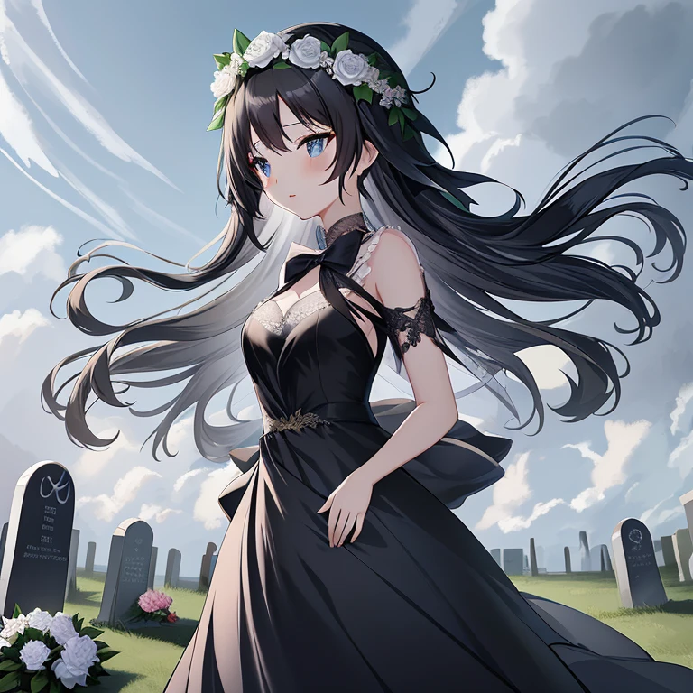 Anime girl in a black dress with a flower crown in a cemetery, anime girl wearing a black dress, guweiz, Gothic Maiden anime girl, hestia, guweiz on pixiv artstation, artwork in the style of guweiz, Beautiful maiden, guweiz on artstation pixiv, Cute anime waifu in a nice dress, guweiz masterpiece