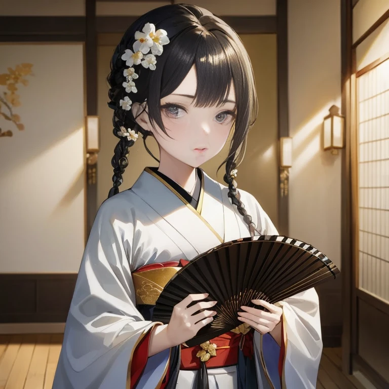 Anime girl in kimono costume holding fan in room, palatial palace , a girl in hanfu, Anime visuals of cute girls, artwork in the style of guweiz, from girls frontline, guweiz, in a kimono, in a kimono, Beautiful Anime Portrait, Fine details. girls' frontline, Portrait of an anime girl, Ayaka Genshin Impact