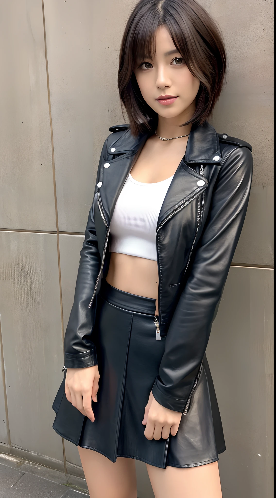 Best Quality, 8k, 32k, Masterpiece, UHD: 1.3), Attractive Japan Woman Pictures, One Girl, (full body : 1.0), Abs, Perfect Body, (leather jacket:1.0),(skirt:1.1),(boots:1.0),Ultra Detailed Face, Detailed Lips, Fine Eyes, Double Eyelids,short hair,Disheveled Hair,