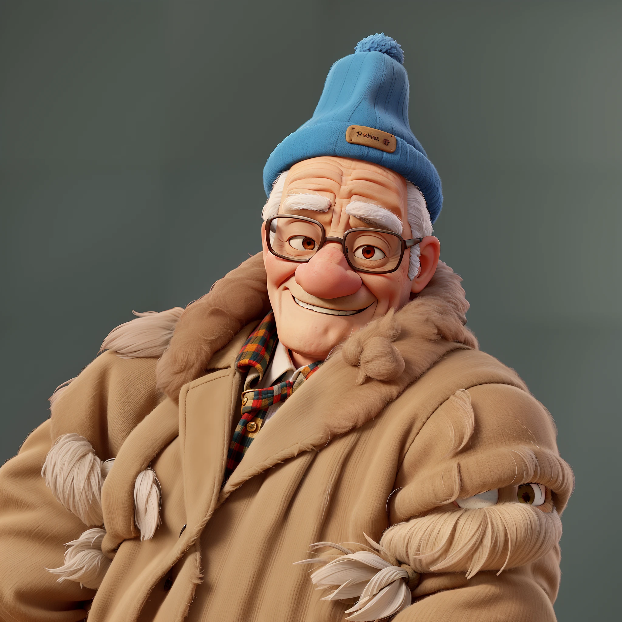 A hip-hop old man in a fur hat with woolen yarn and eyes