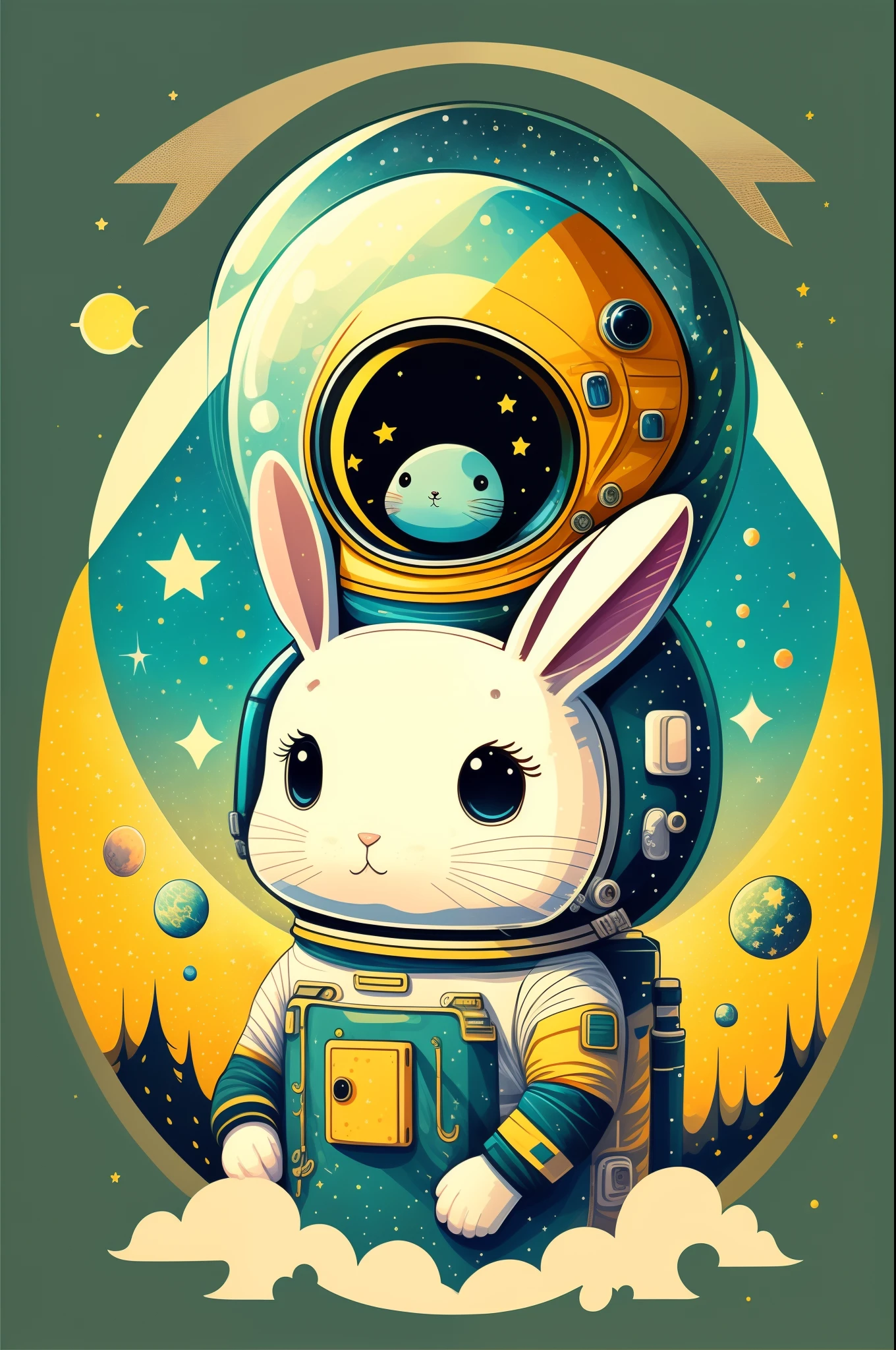 Illustration un lapin astronaute, espace, Fiction scientifique, Personnage mignon, Fond clair, Fond d’éclaboussures abstraites, Conception de t-shirt, Art vectoriel