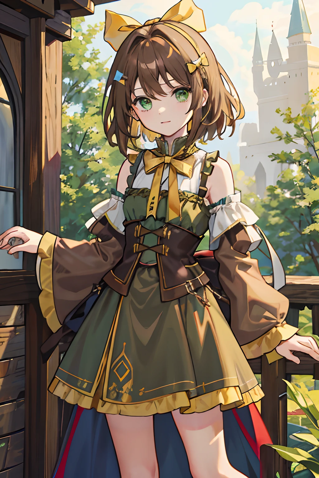 Short brown shoulder-length hair,Green eyes,,Reckless hapless cute girl,medieval times,,Brown clothing,is shy,Yellow bow hairpin,laughingly