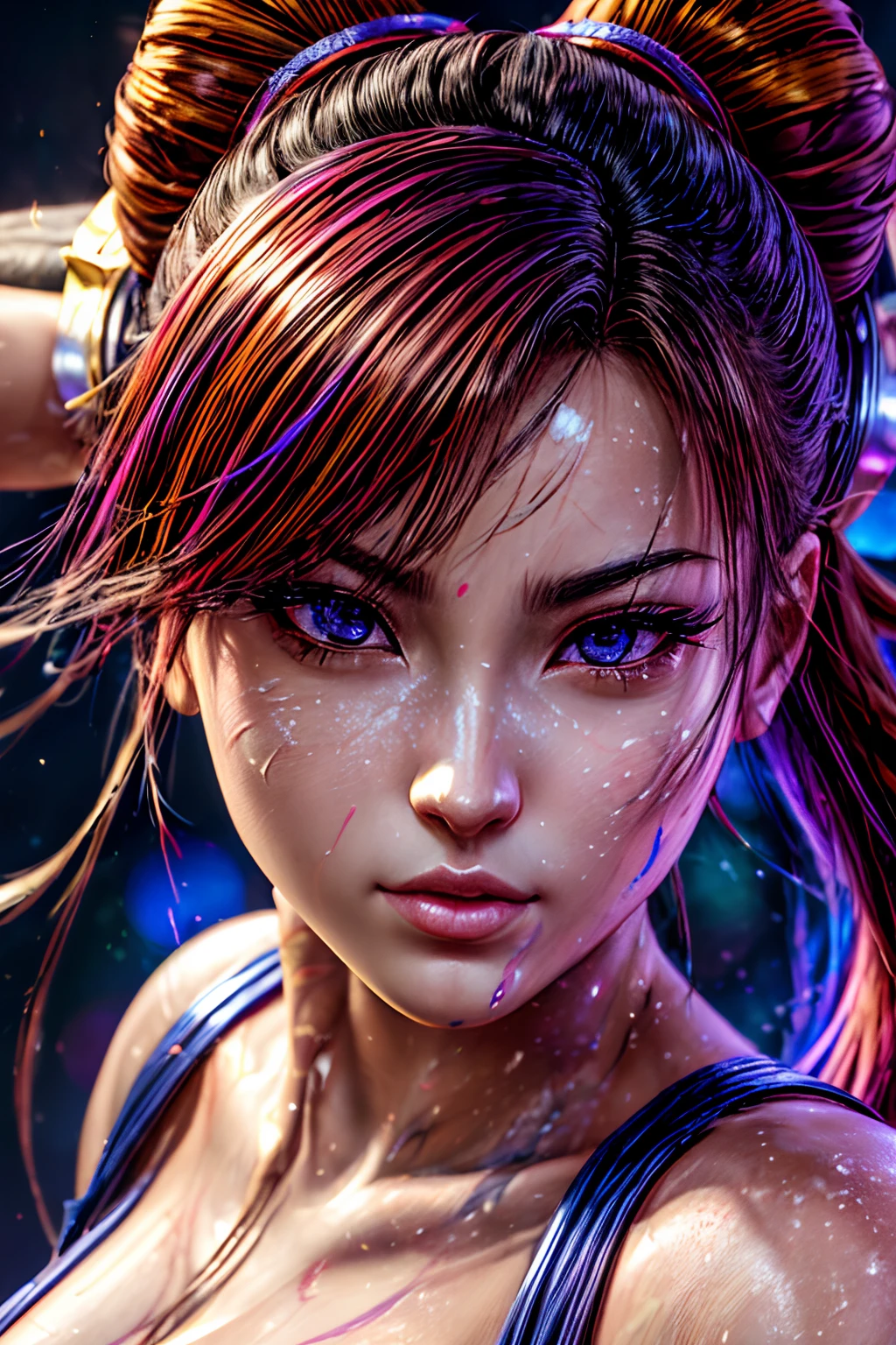 masterpiece, best quality, (extremely detailed CG unity 8k wallpaper, masterpiece, best quality, ultra-detailed, best shadow), (detailed background), (beautiful detailed face, beautiful detailed eyes), High contrast, (best illumination, an extremely delicate and beautiful),1girl,((colourful paint splashes on transparent background, dulux,)), ((caustic)), dynamic angle,beautiful detailed glow,full body, paint splash on face.  close up of a woman, , realistic anime 3 d style, android 18, seductive anime girl, anime realism style, attractive anime girl,beautiful alluring anime woman, looking Chun-Li,