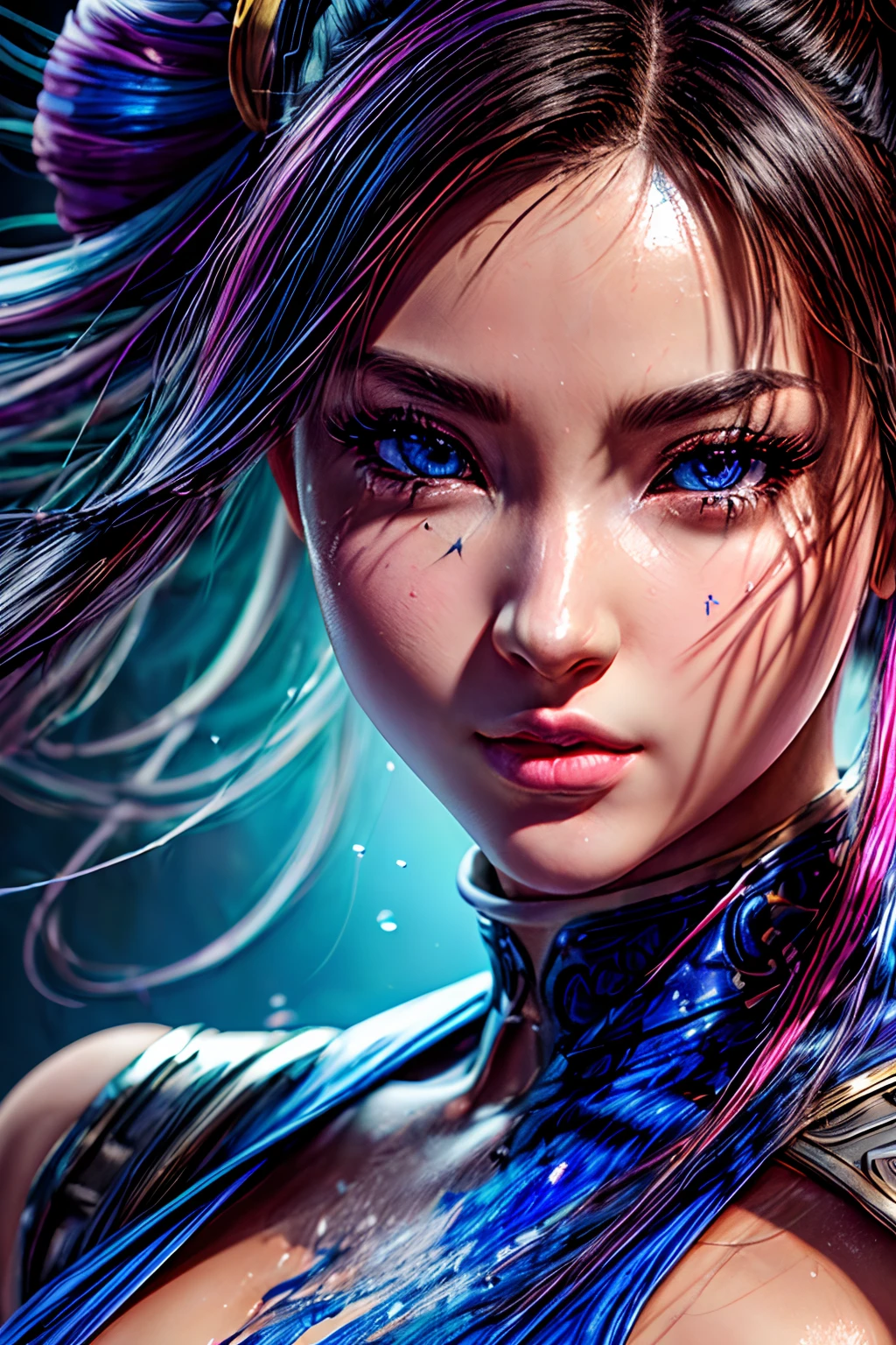 masterpiece, best quality, (extremely detailed CG unity 8k wallpaper, masterpiece, best quality, ultra-detailed, best shadow), (detailed background), (beautiful detailed face, beautiful detailed eyes), High contrast, (best illumination, an extremely delicate and beautiful),1girl,((colourful paint splashes on transparent background, dulux,)), ((caustic)), dynamic angle,beautiful detailed glow,full body, paint splash on face.  close up of a woman, , realistic anime 3 d style, android 18, seductive anime girl, anime realism style, attractive anime girl,beautiful alluring anime woman, looking Chun-Li,