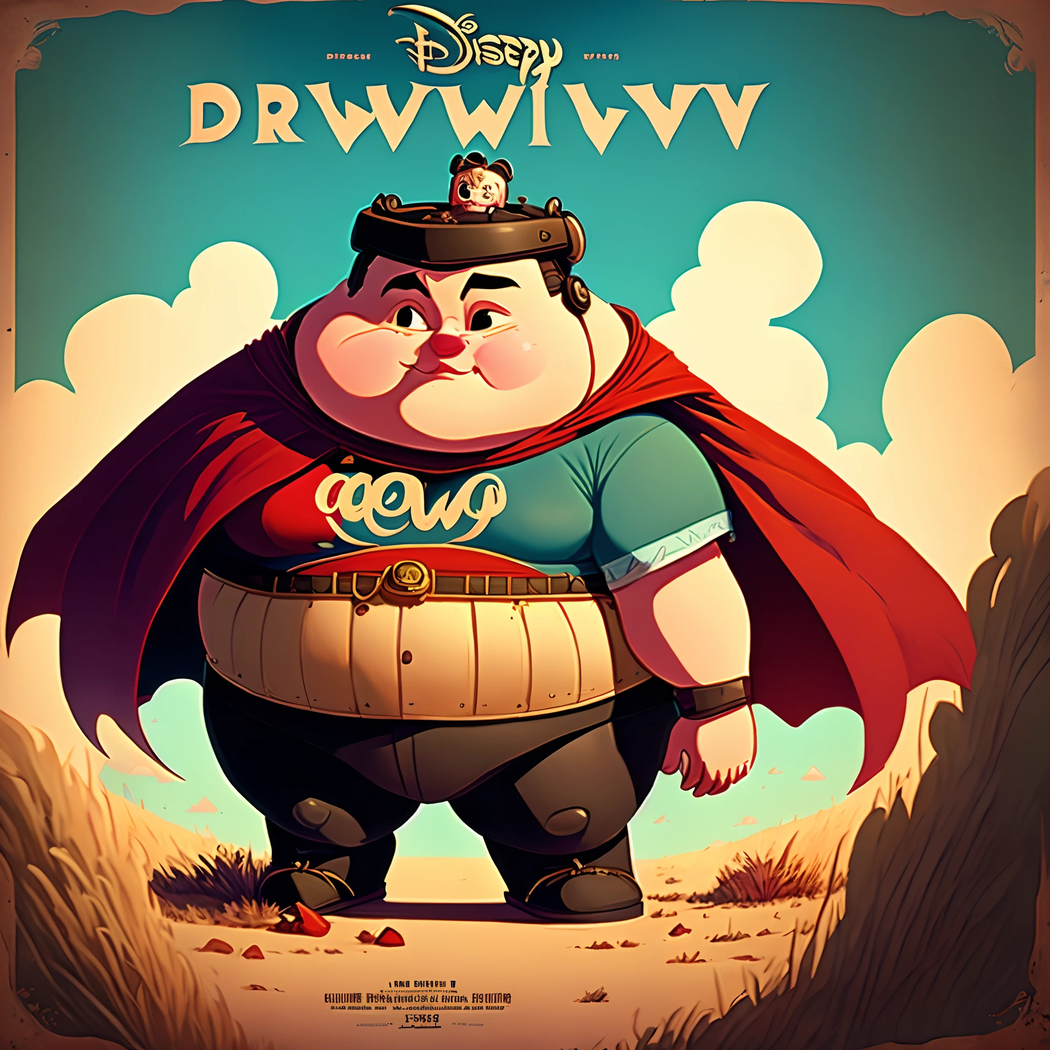 Make me a Disney movie poster with the name drew with a fat bot with a cape and red cheeks