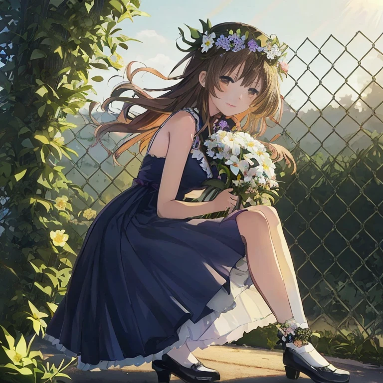 Anime girl sitting on a fence with flowers in her hair, loli in dress, iwakura lain, Cute anime waifu in a nice dress, anime moe art style, Anime visuals of cute girls, kyoto animation key visual, marin kitagawa fanart, 4k anime wallpaper, with flowers, Beautiful anime, high quality portrait, Beautiful anime girl, anime wallaper