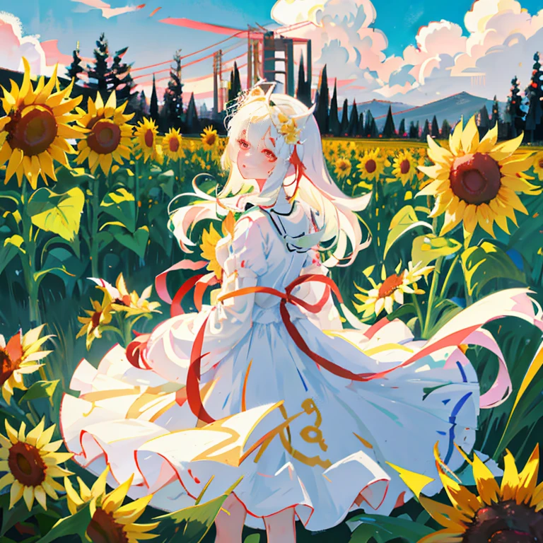 Anime girl in white dress with flowers blooming in a flower field, loli in dress, stands in a flowering field, Rin Tohsaka, in flower field, Rin, stands in a flowering field, Beautiful sunflower anime girl, guweiz, guweiz on pixiv artstation, with flowers, Anime visuals of cute girls, queen of flowers