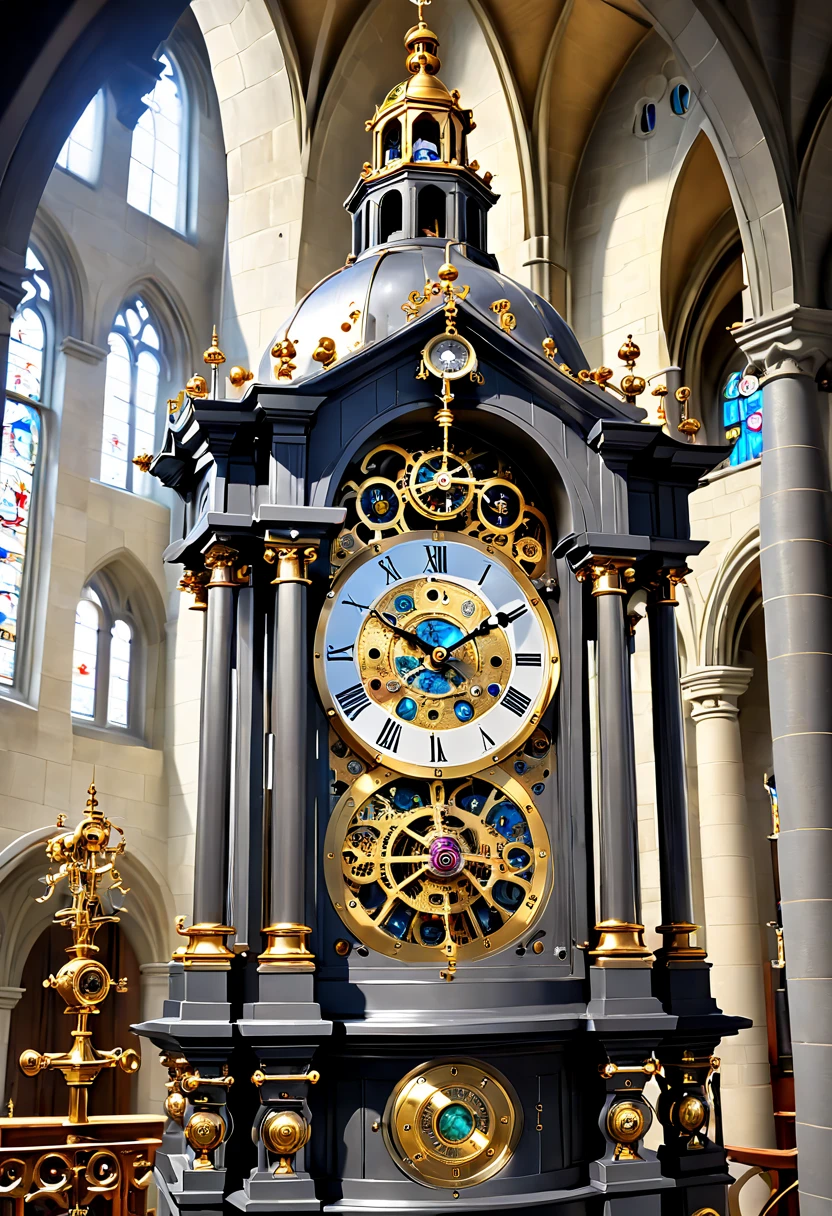 (8K, 16k, Award-winning, Highest quality, Highest resolution, Super detail, High detail, Anatomically correct, Masterpiece),UHR， Clock on the bell tower of the church，Ancient chronometric mechanism, delicate craftsmanship , A legendary mechanical clock, Rare and precious, Intricate details,Mechanical clocks are made of a metal called orichalcum, There are no gemstones, (The inside of the mechanical clock is engraved with ancient characters: 1.2), Impeccable, Platinum, White, Gold and silver, Church bell tower，cyber punk perssonage，Gigantic clock