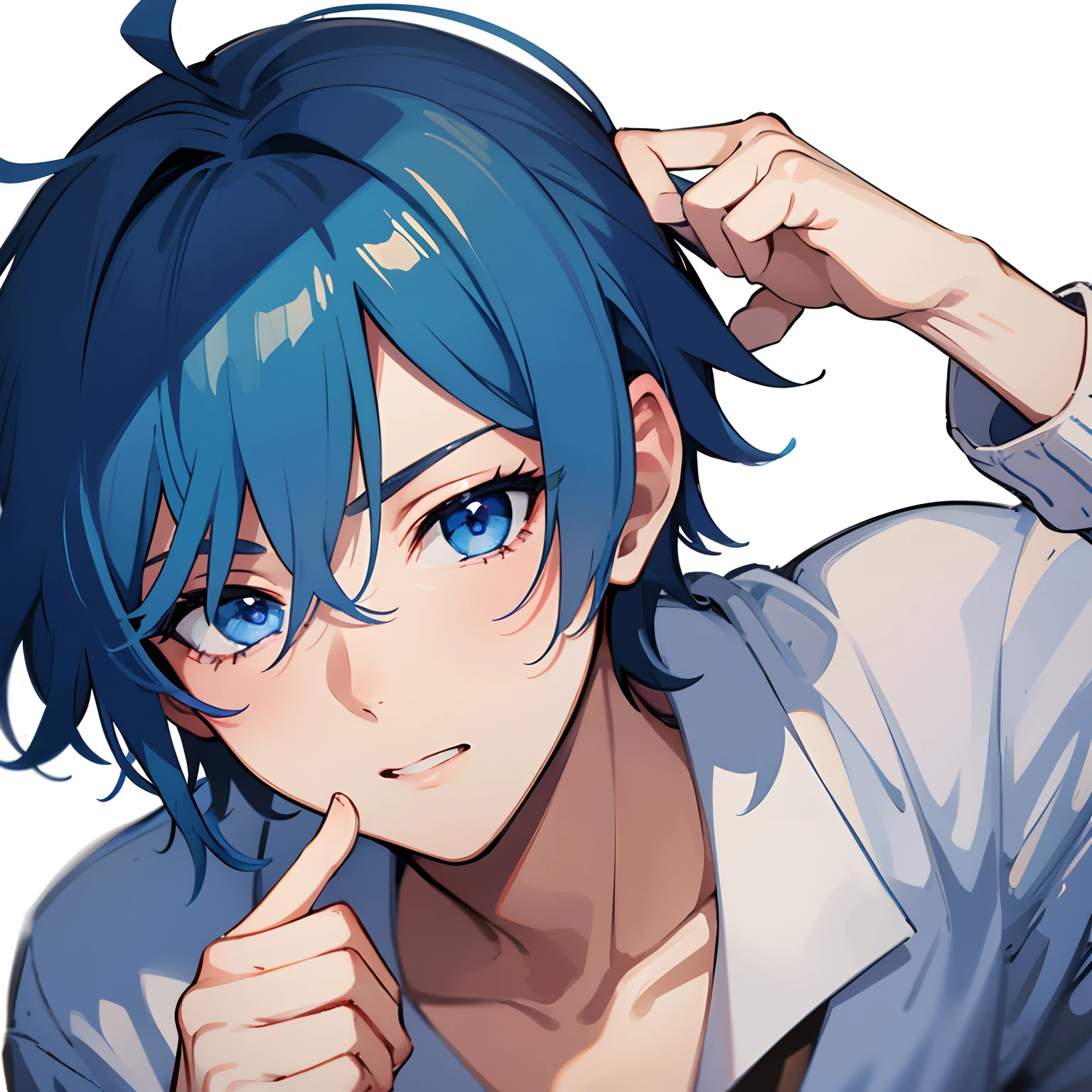 1boy, mature, winking, handsome boy, blue hair, blue eyes, messy blue hair, white background