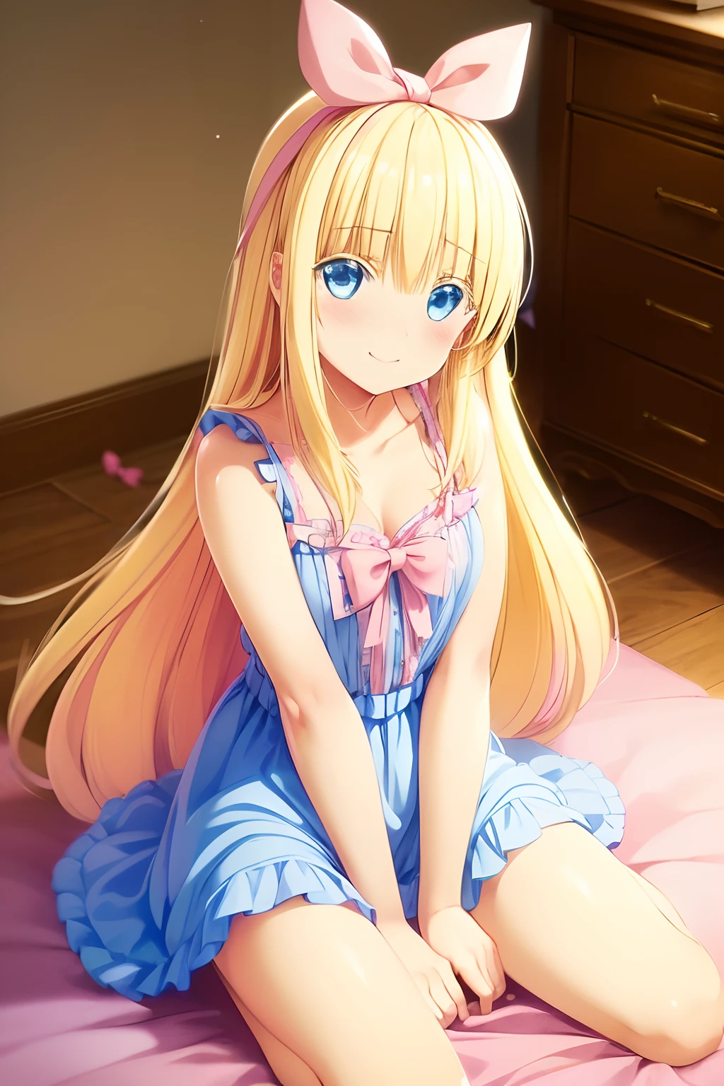 (((Cute blonde woman, long hair with pink bow, Blue eyes))), sexy pink babydoll nightgown with neckline, barefoot, 8k, very detailed, heart earring, in the bedroom sitting down, sensual pose, blushing smile, sexy clothes, pink panties showing